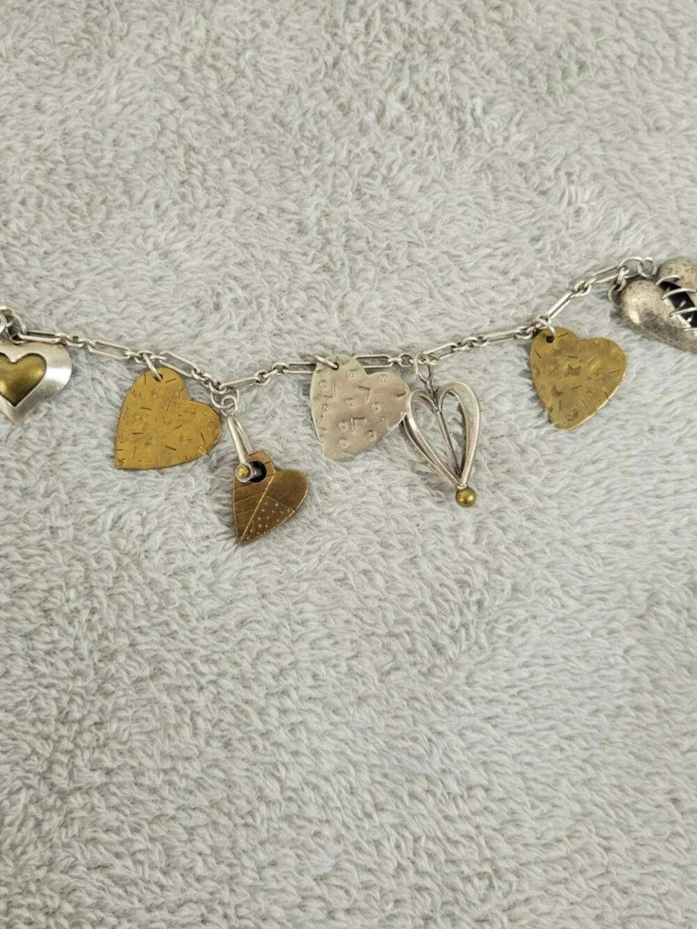 Artisan Mixed Metal Heart Charm Bracelet Sterling Silver Brass Multi-Charm B13E